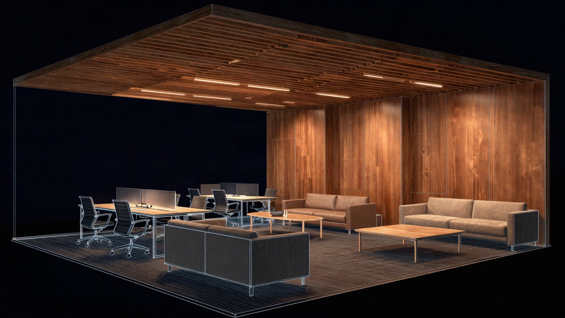 Interior fit-out model showing furniture layout, wall finish panelling and a slatted feature ceiling